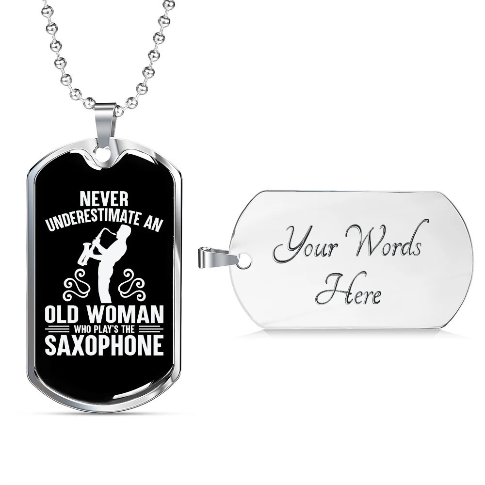 Musician Necklace Old Man Saxophone Personalized Engraved Silver Dog Tag Neckla